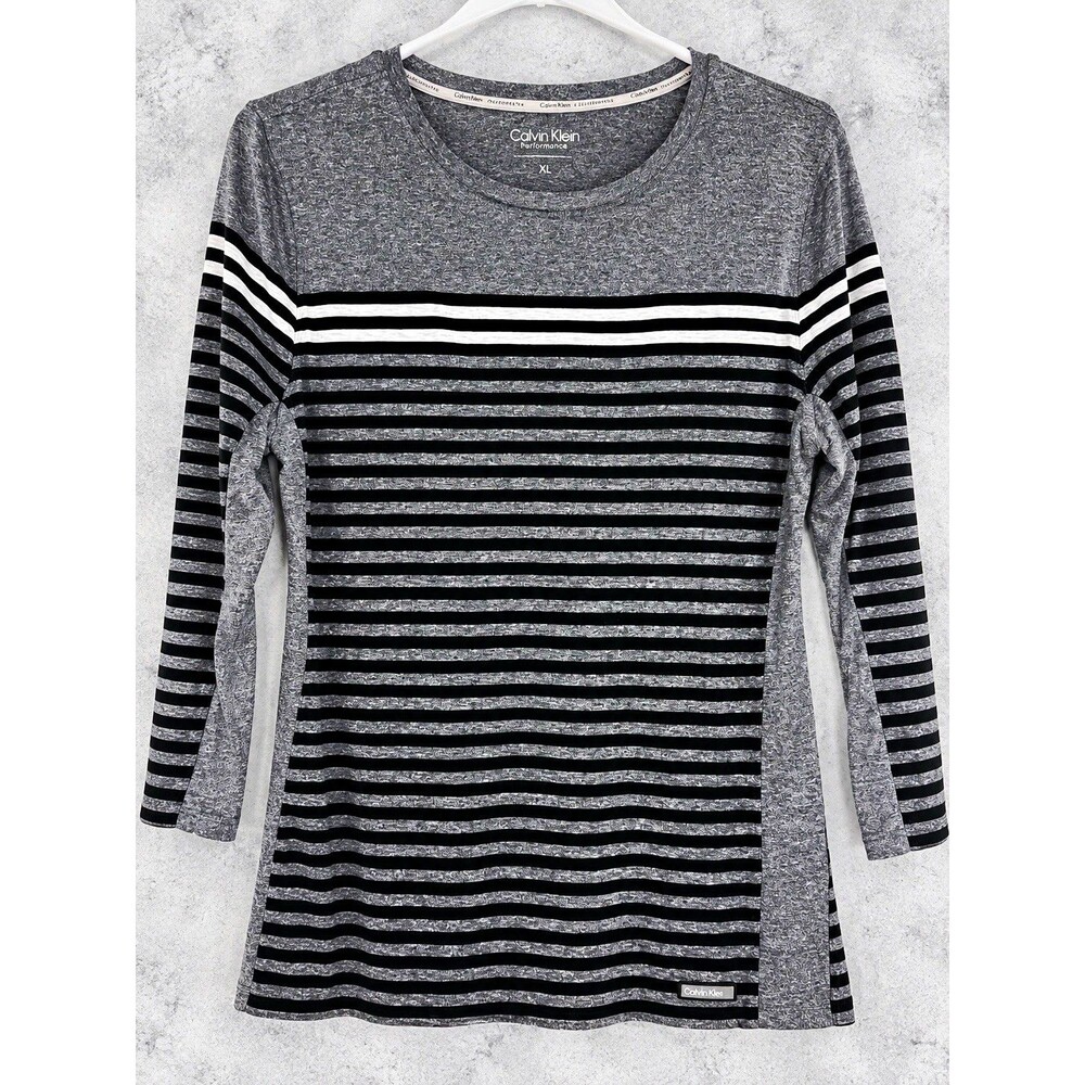 Calvin Klein Performance Women’s XL Gray Striped Crew Neck Long Sleeve Top